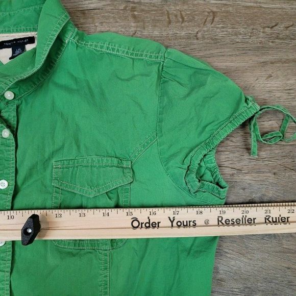 Tommy Hilfiger T-Shirt Button Up Green Solid Polo Shirt Short Sleeve 90s Y2K L - Picture 5 of 8